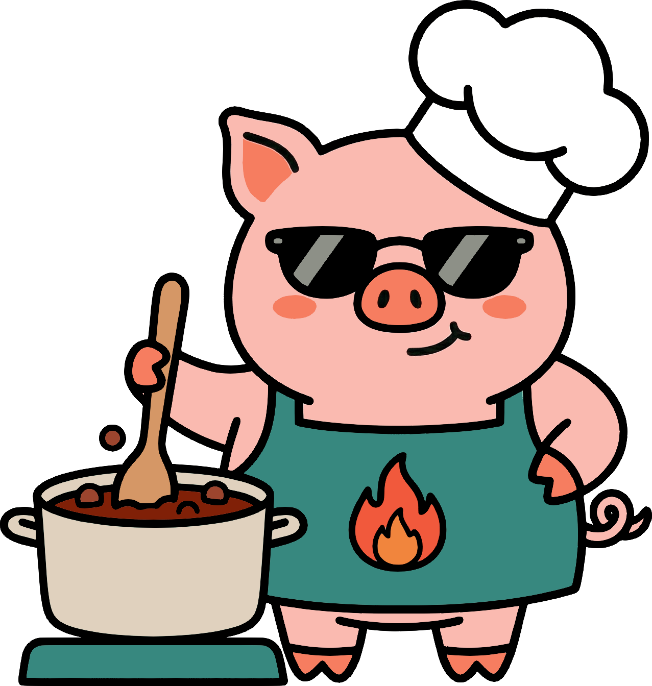 Sal T. Pig, the saltpig mascot, stirring a pot in a chef's hat and shades